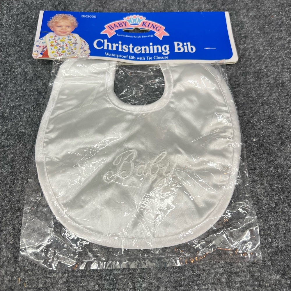 Baby King Waterproof White Satin Unisex Christening Baby Bib with Tie Closure